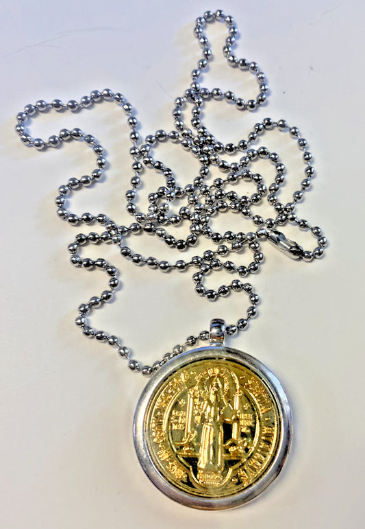 Saint Benedict 2 tone Medal Locket Necklace, 28" New #AB-049-1 - Bob and Penny Lord