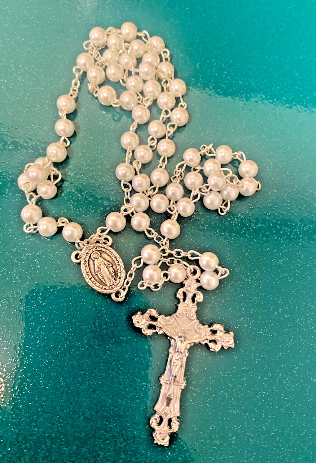 White Faux Pearl Rosary, New # AB-093