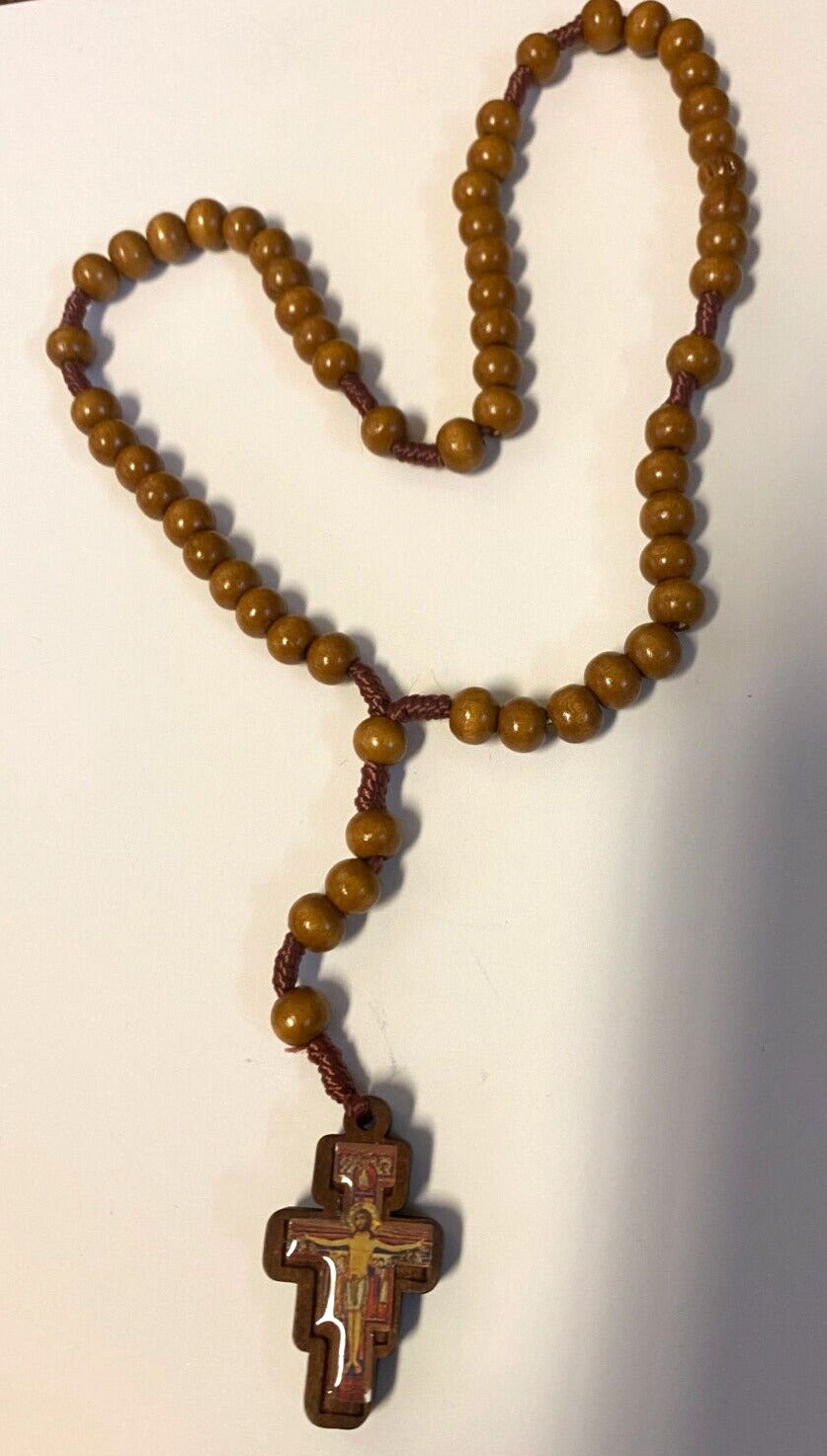 San Damiano Wood Bead Rosary, New - Bob and Penny Lord