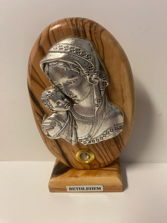 Blessed Mother with Child Pewter Image set on Wood, Medium, New from Bethlehem