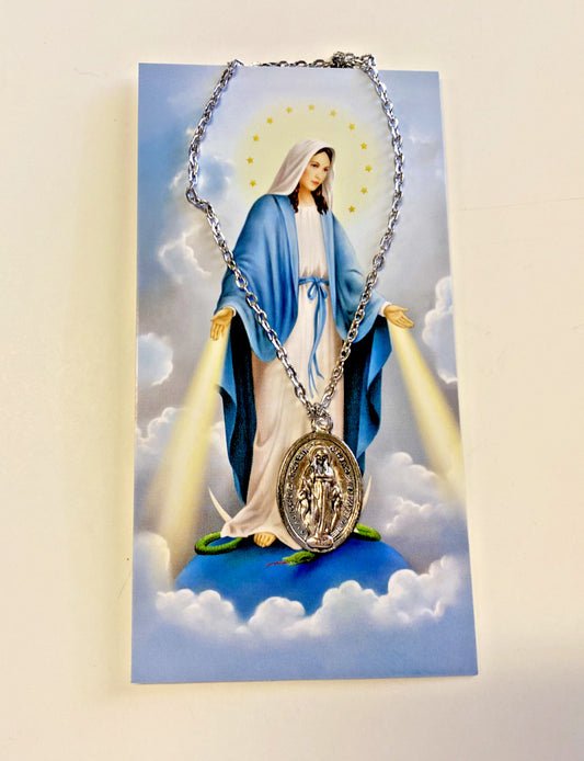 MIraculous Medal Pendant Necklace & Prayer Card, New #AB-281-R2