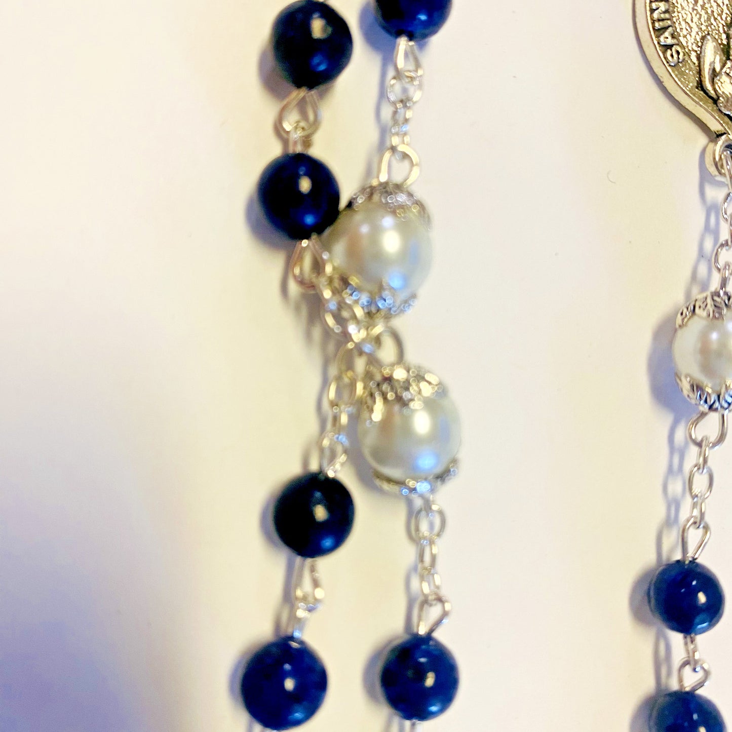 St Michael/Spiritual Warrior Faux Lapis & Glass Pearl Beads Rosary, New  #AB-044