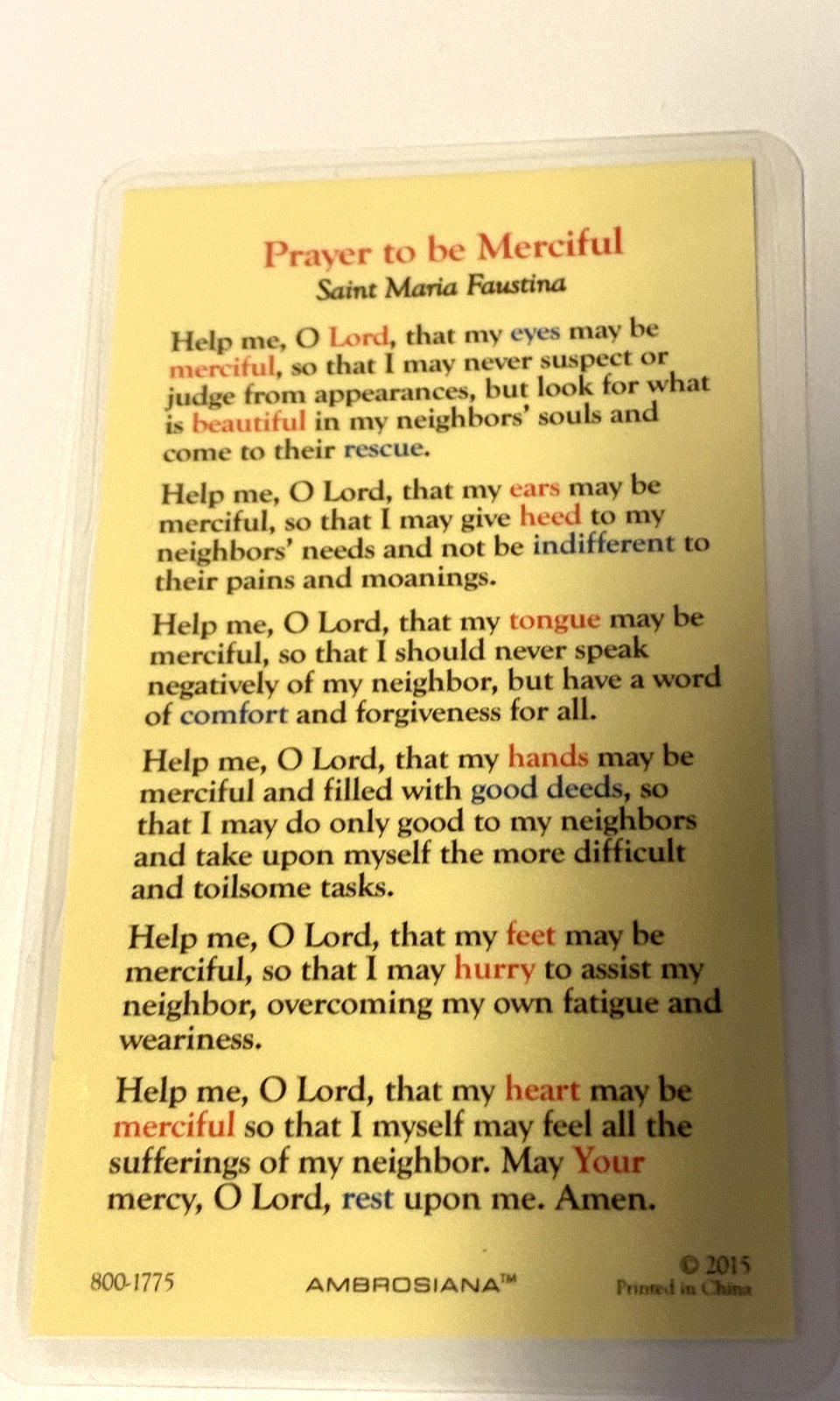 Saint Sister Faustina Laminated Prayer Card, New #PCL-05