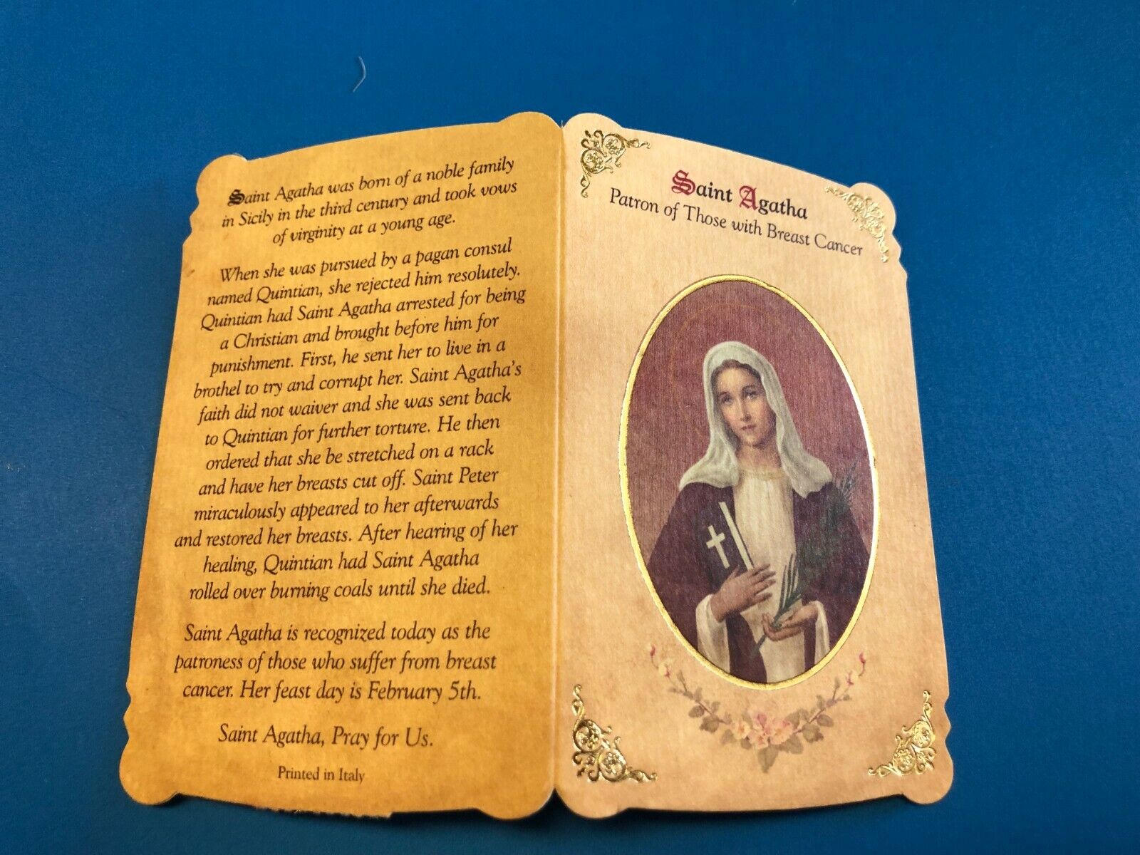 Saint Agatha Novena Prayer Card with Medal, New - Bob and Penny Lord