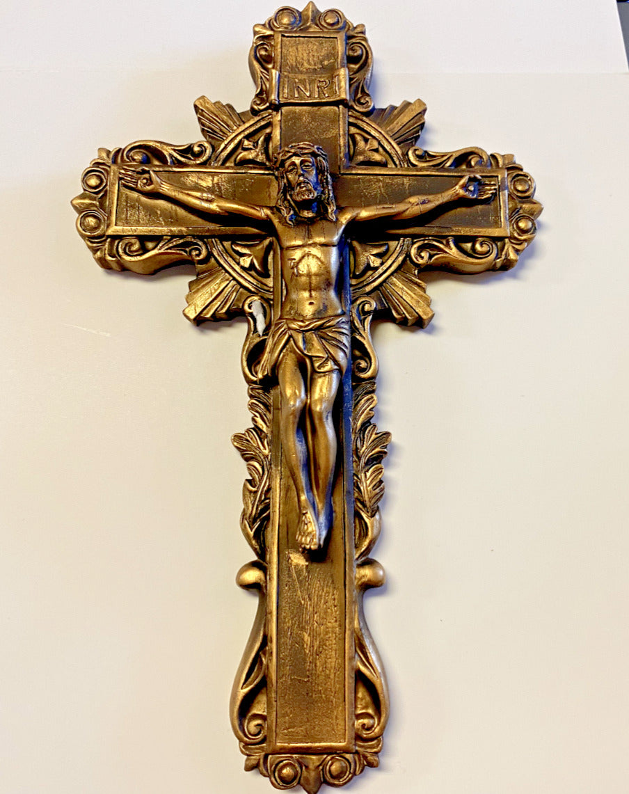 Bronze & Gold Flourish Accent, Wall  Crucifix 9", New #AB-132