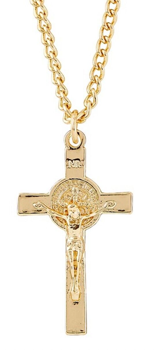 Saint Benedict Gold tone Crucifix Necklace, New #AB-077