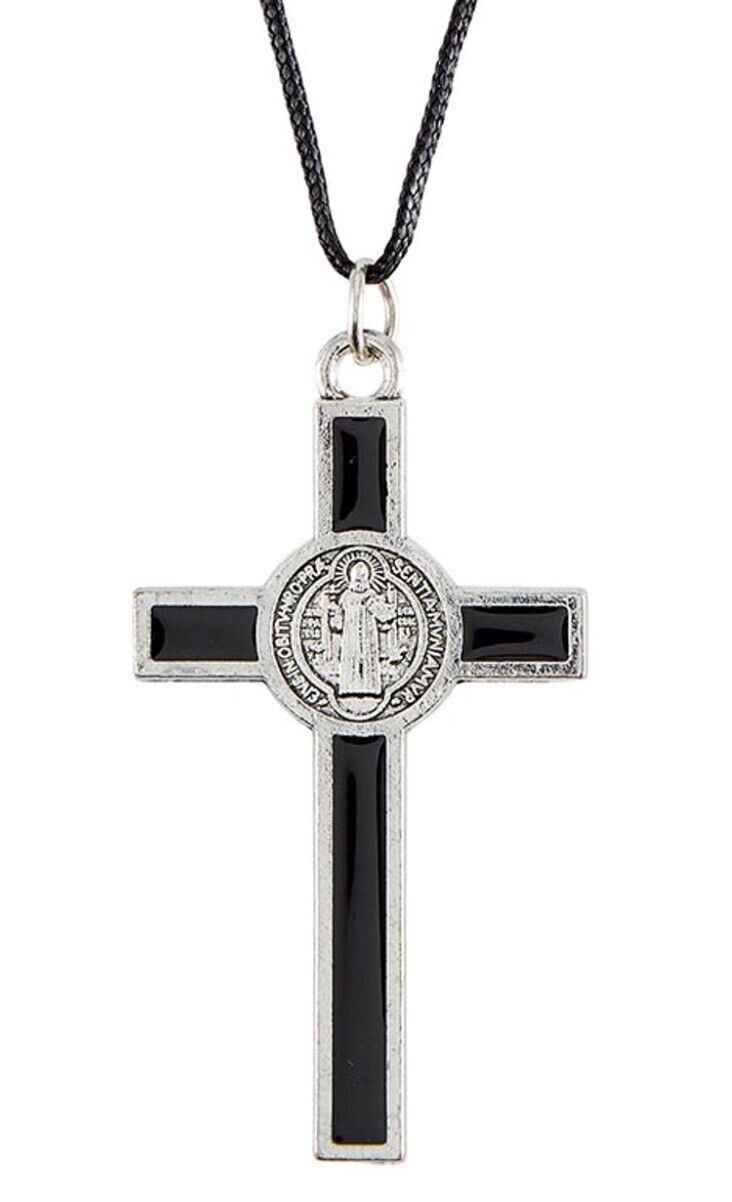 Saint Benedict Black & Silver Crucifix on Cord Necklace, New #AB-292-R2