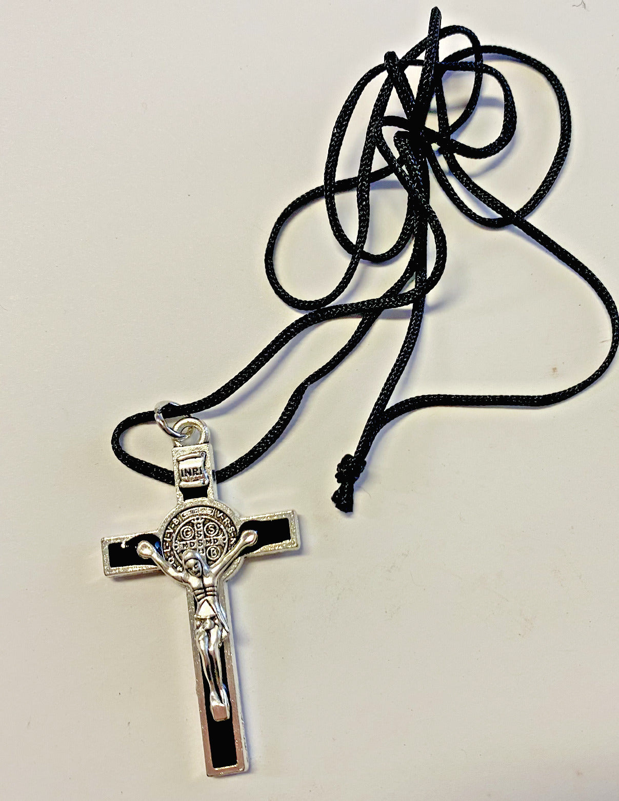 Saint Benedict Black & Silver Crucifix on Cord Necklace, New #AB-292-R2