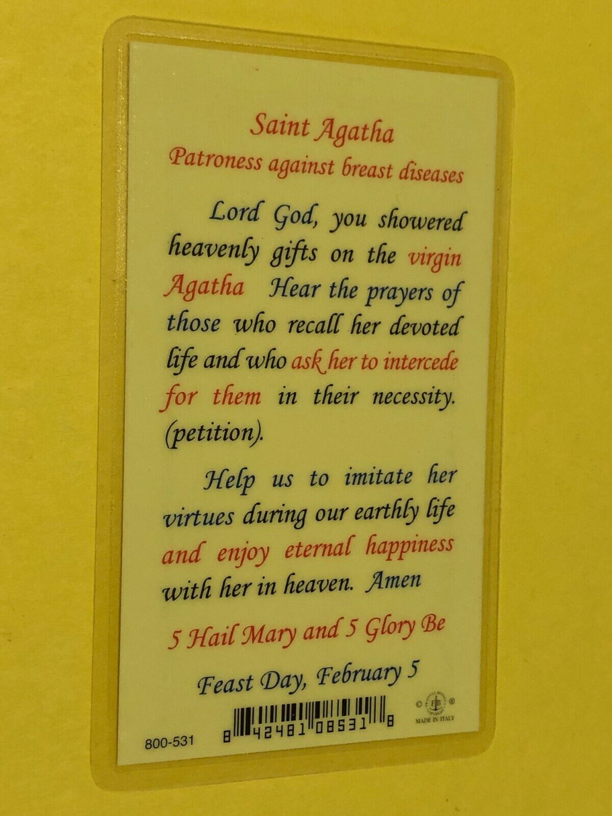 Saint Agatha, Patron Saint of Catania Laminated Prayer Card, New