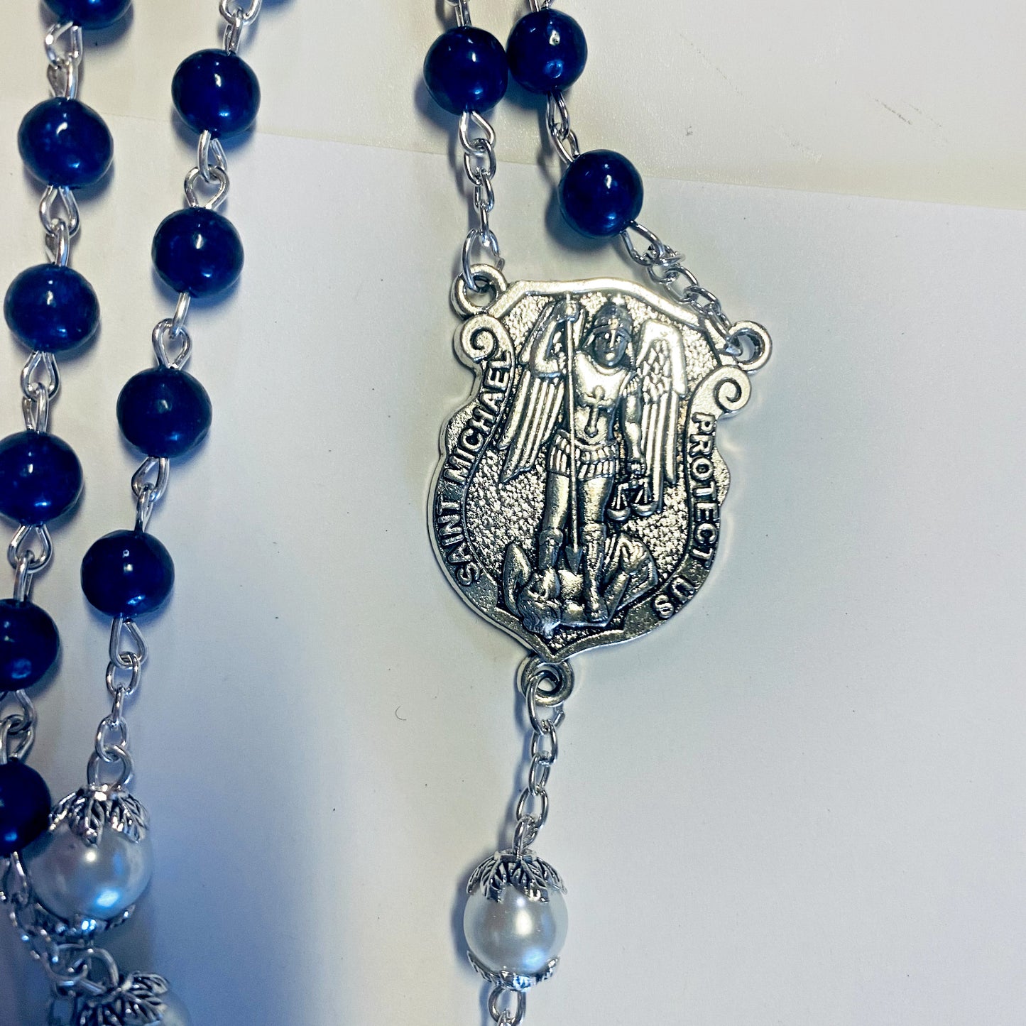 St Michael/Spiritual Warrior Faux Lapis & Glass Pearl Beads Rosary, New  #AB-044