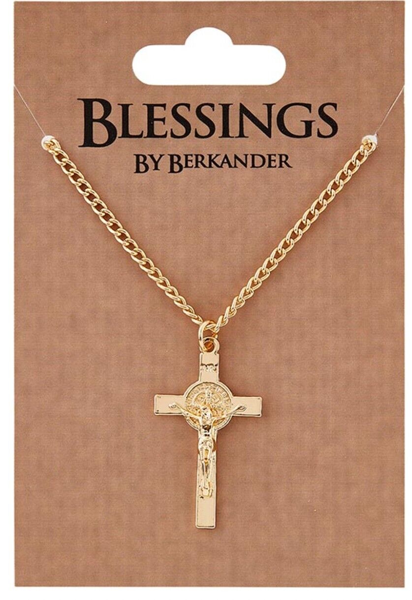 Saint Benedict Gold tone Crucifix Necklace, New #AB-077