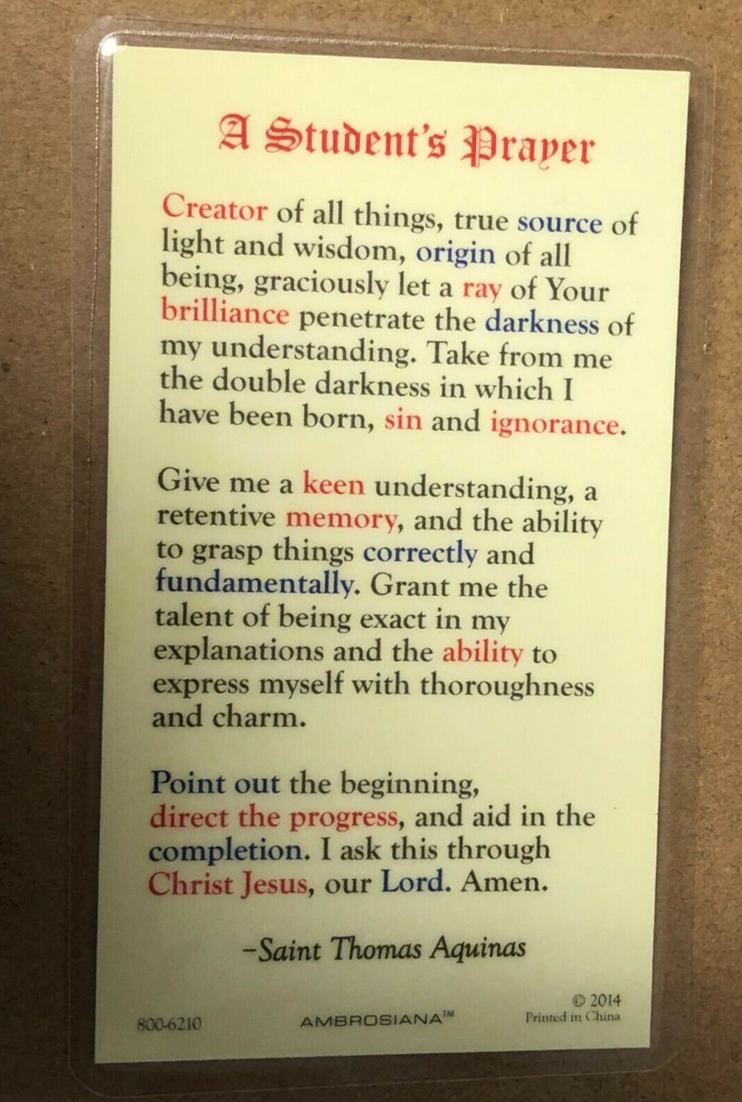 Saint Thomas Aquinas Laminated Student Prayer Card, New