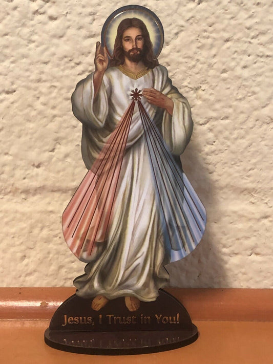 Divine Mercy  6" Laser Image on Thin Wood Statue, New #89