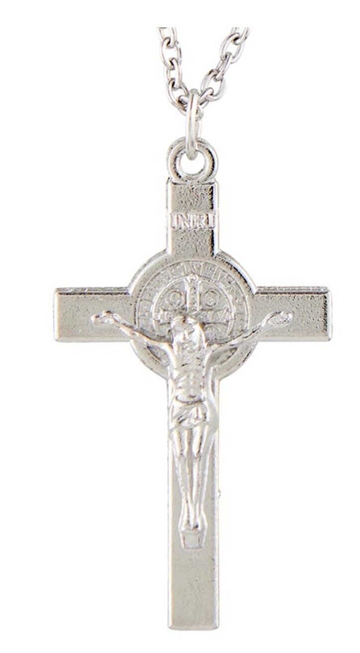 Saint Benedict Silver Crucifix  24" Necklace,  New #AB-094