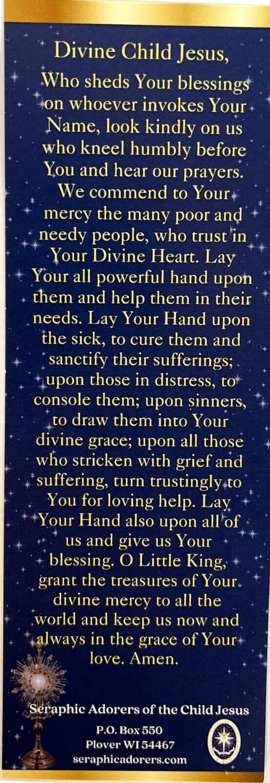 Divine Child Jesus Bookmark Prayer Card - Bob and Penny Lord