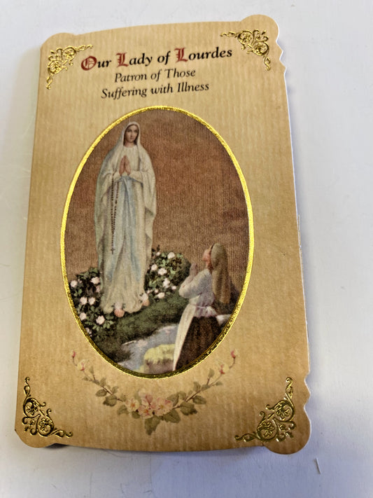 Our Lady of Lourdes "Suffering Illness Prayer" Card + Medal, New from Italy