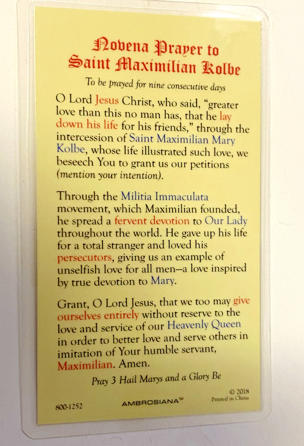 Saint Maximilian Kolbe,Laminated Prayer Card, New #PCL-33