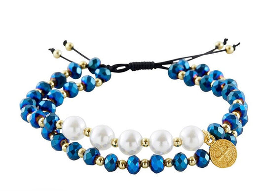 Saint Benedict Pearl & Glass Beads 2 Strand Cord Bracelet , New #AB-280-R2