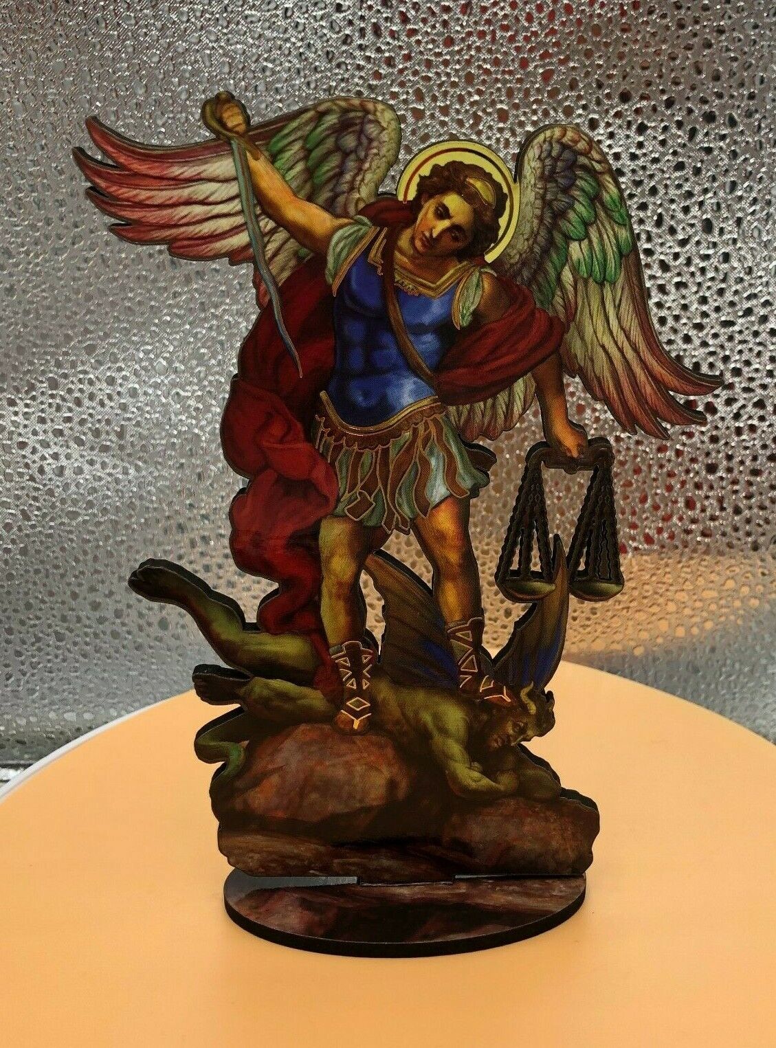 Saint Michael The Archangel 6" Laser Image on Thin Wood Statue, New #93