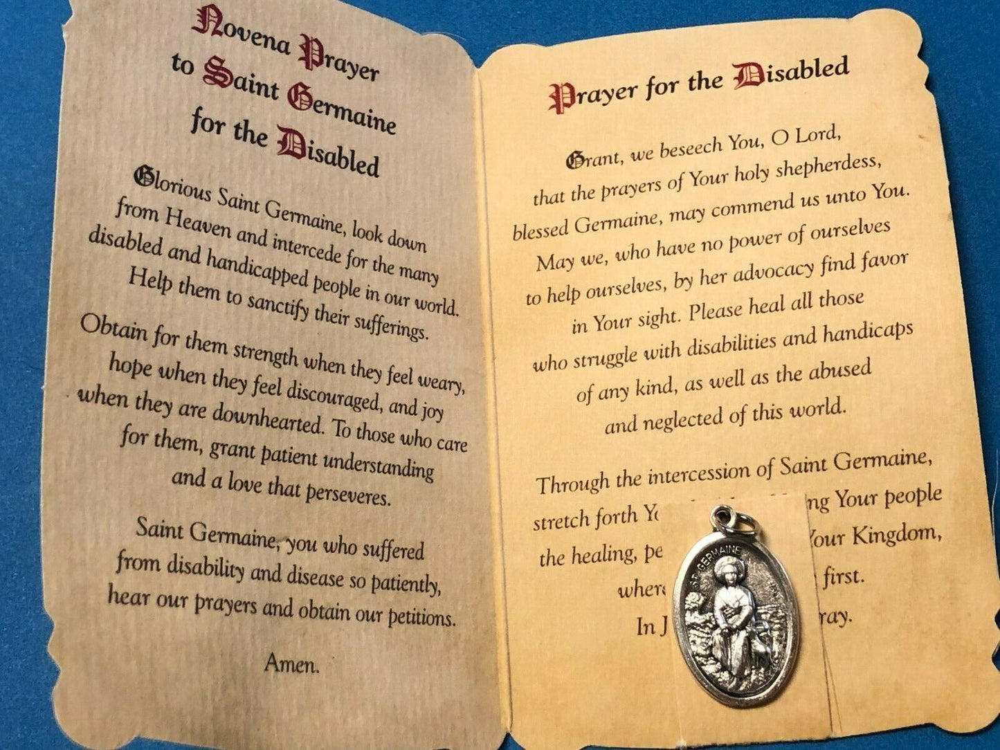 Saint Germaine de Pibrac (Patron of  Disabled) Prayer Card + Medal, New#PCM-016