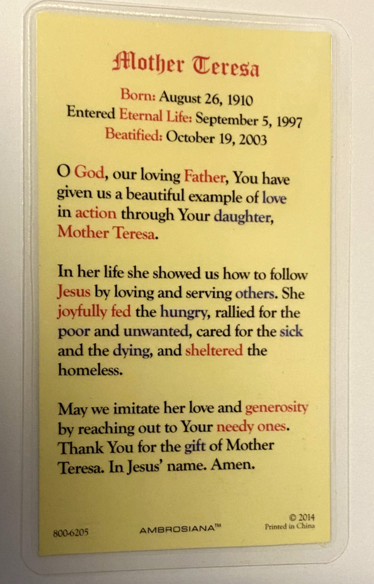 Saint Mother Teresa of Calcutta Laminated Prayer Card, New , #PCL-025