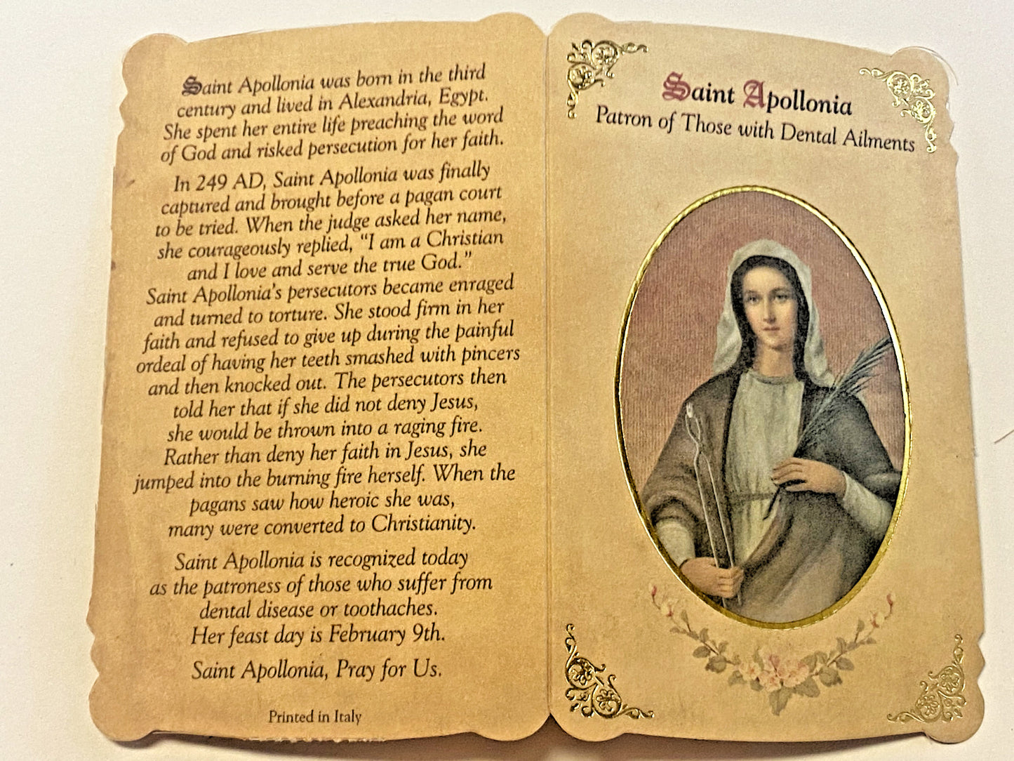 Saint Apollonia(Patron Saint for Dental Ailments) Prayer Card  + Medal, New