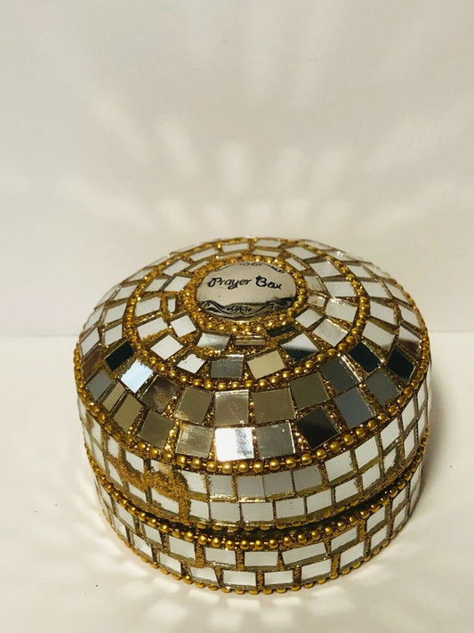 Prayer Box, Decorative Mirror/Gold Sequins Round Box, 3" New