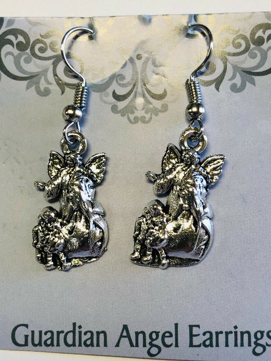 Guardian Angel Earrings, Silvertone, New - Bob and Penny Lord