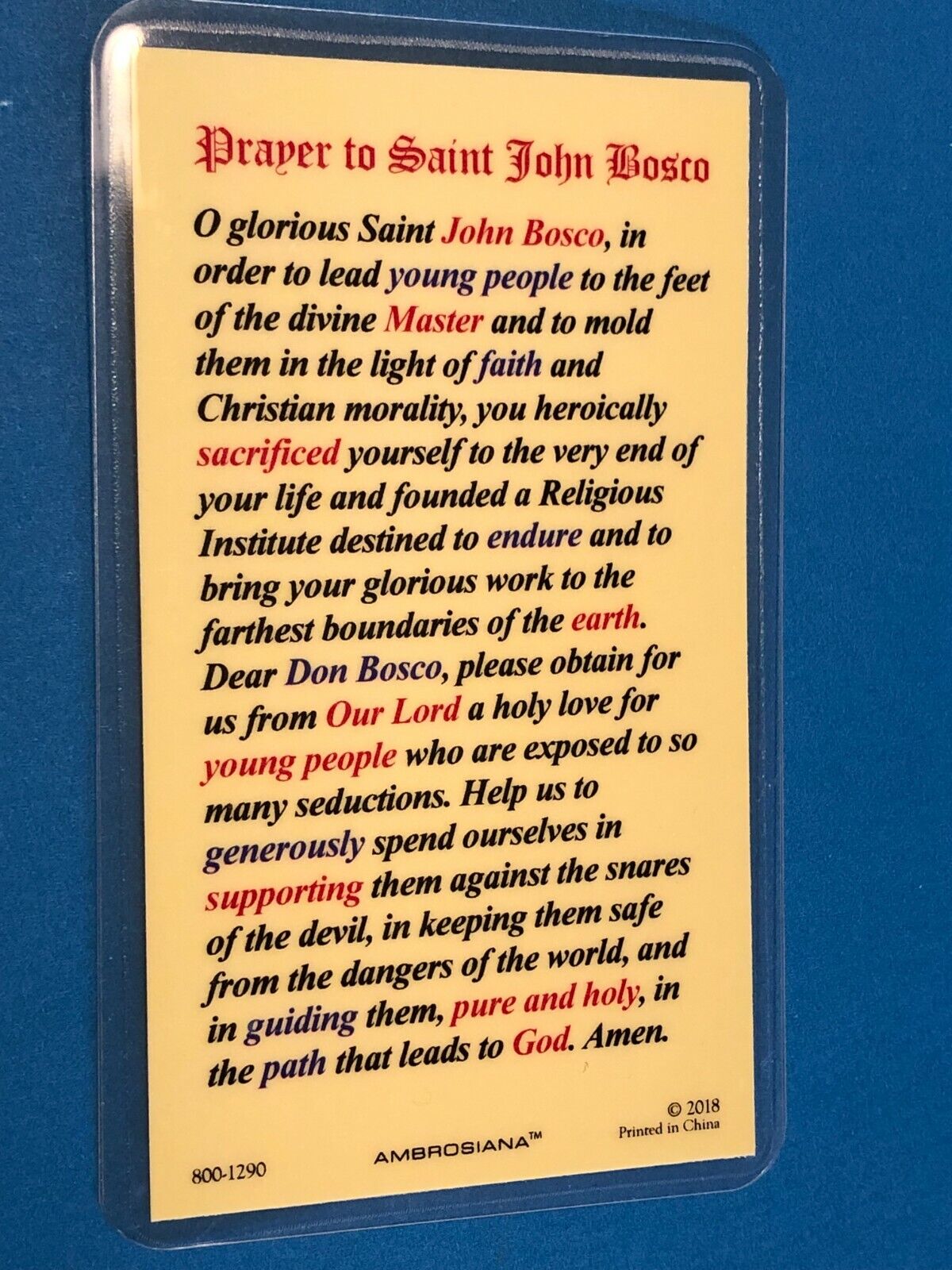 Saint John Bosco  (Don Bosco) Laminated Prayer Card, New