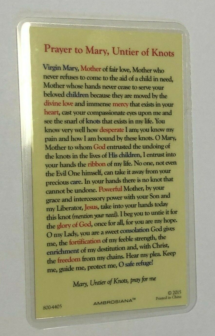 Our Lady Undoer (Untier) of Knots Laminated Prayer Card, New