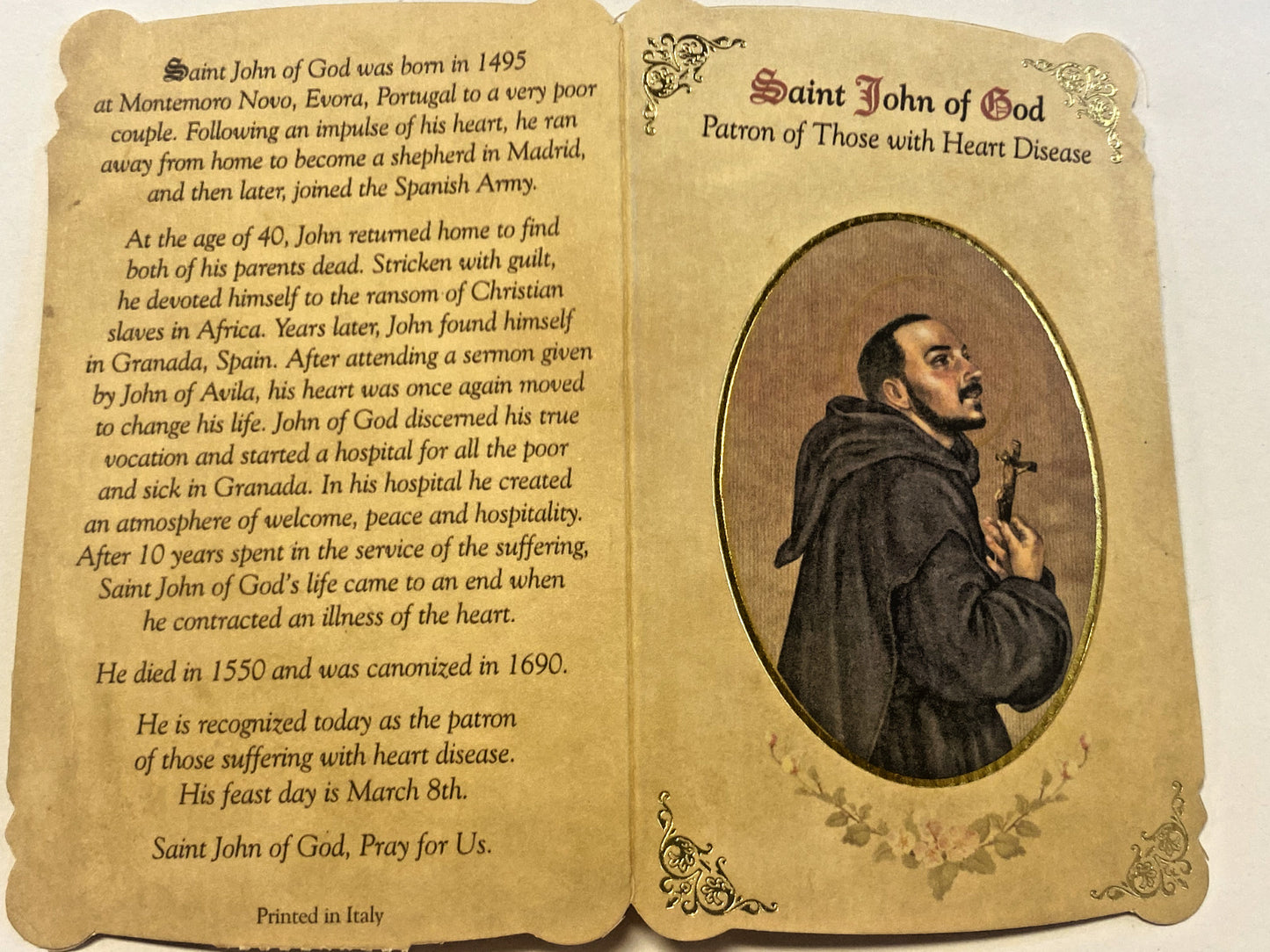 Saint John of God (Patron Saint for Heart Disease) Prayer Card  + Medal, New