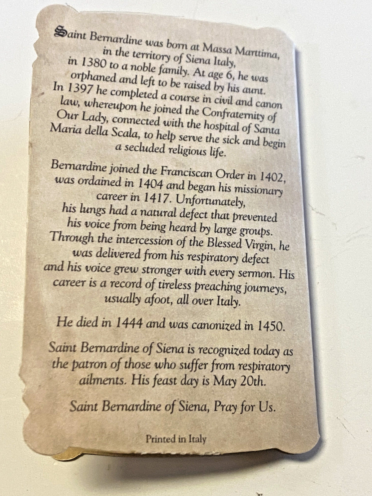 Saint Bernardine of Siena"  Respiratory Ailments "Prayer Folder + Medal, New