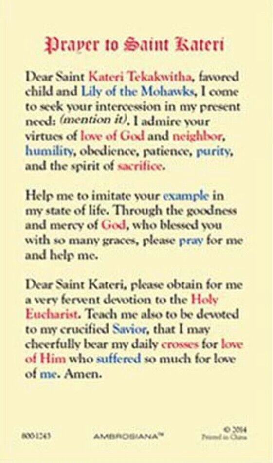 Saint Kateri Tekakwitha Laminated Prayer Card, New #PCL-46