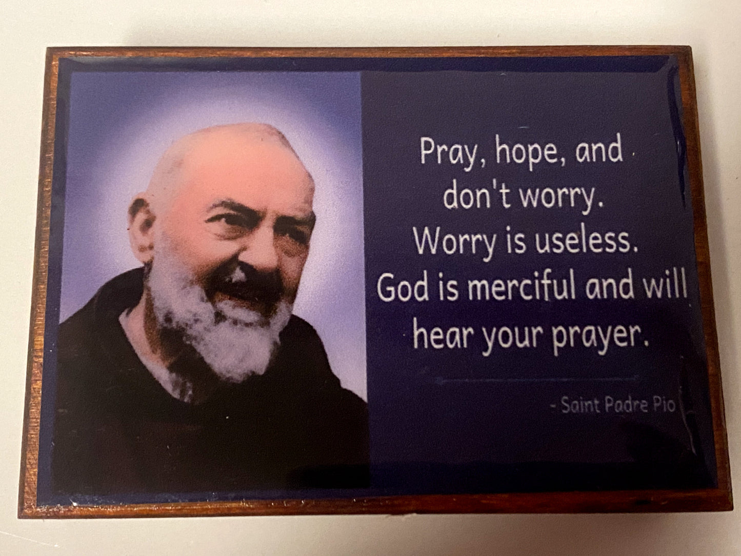 Padre Pio Wood Rosary Box with Rosary, New from Colombia