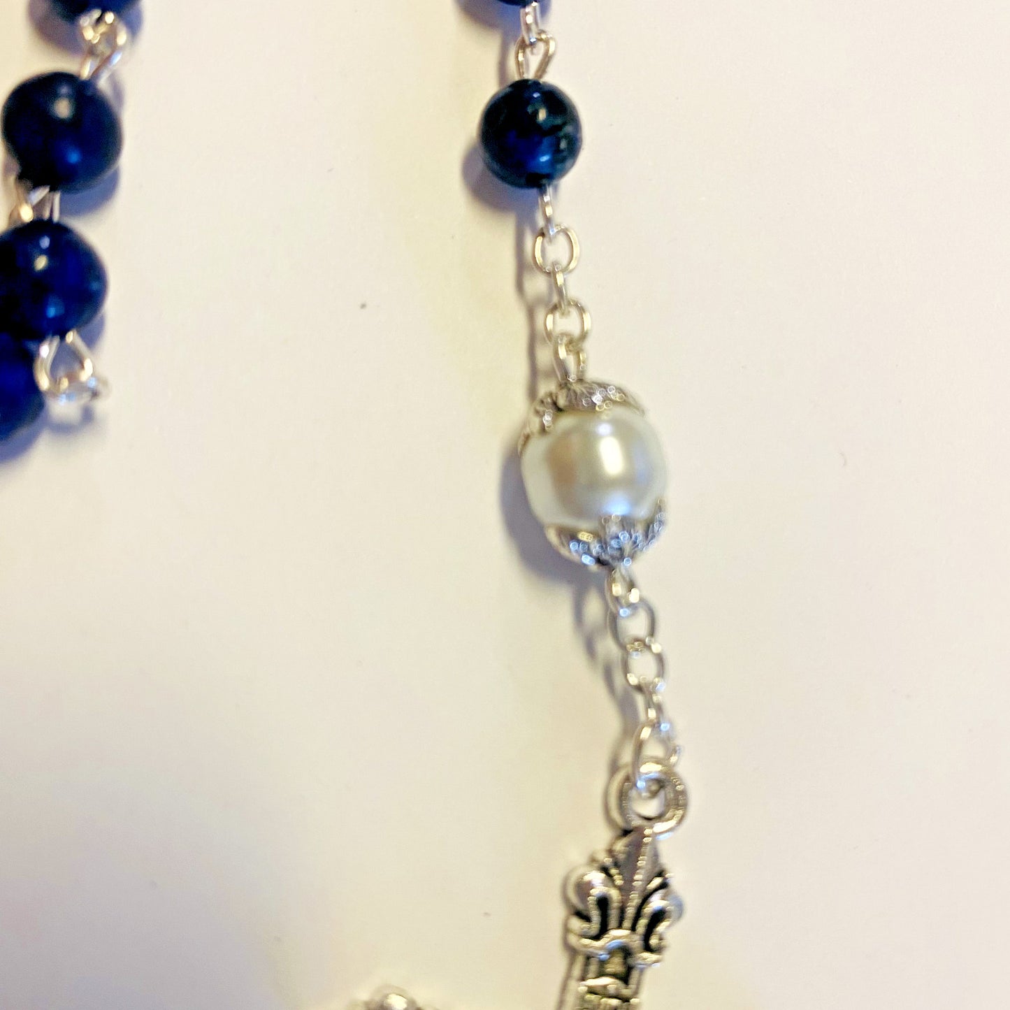 St Michael/Spiritual Warrior Faux Lapis & Glass Pearl Beads Rosary, New  #AB-044