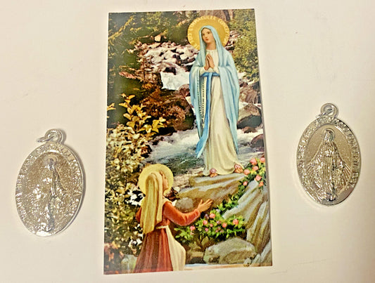 Our Lady of Lourdes & St Bernadette Small Image Card + 2  Medal, New  #GFTSHP - Bob and Penny Lord