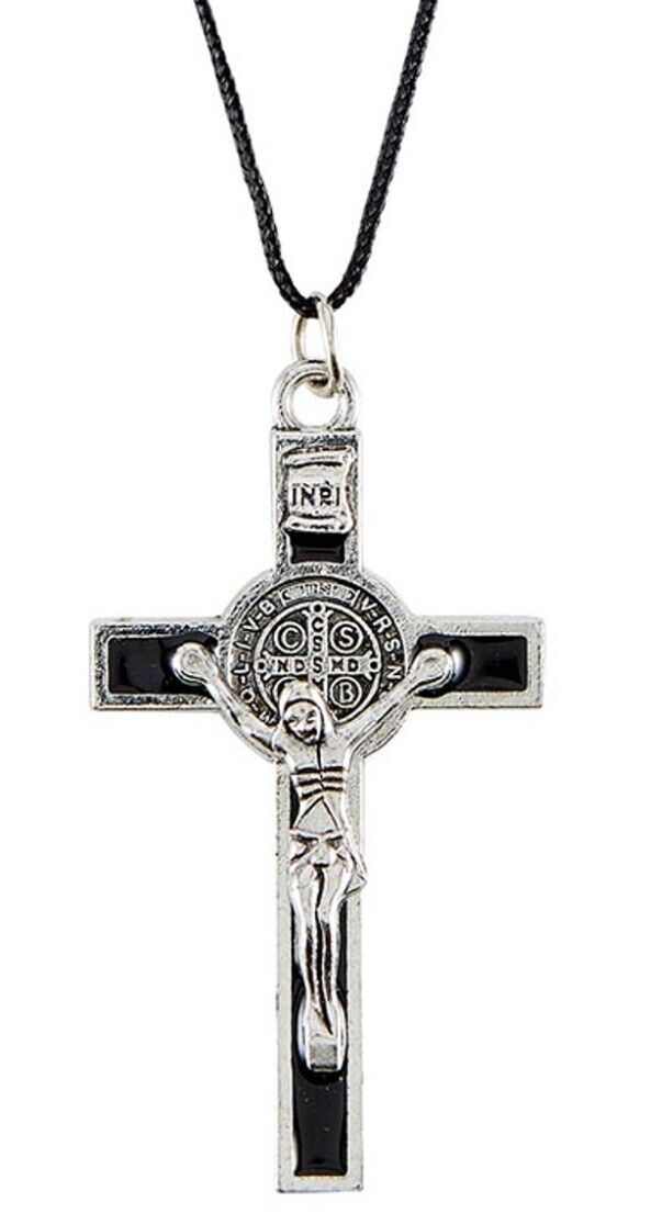 Saint Benedict Black & Silver Crucifix on Cord Necklace, New #AB-292-R2