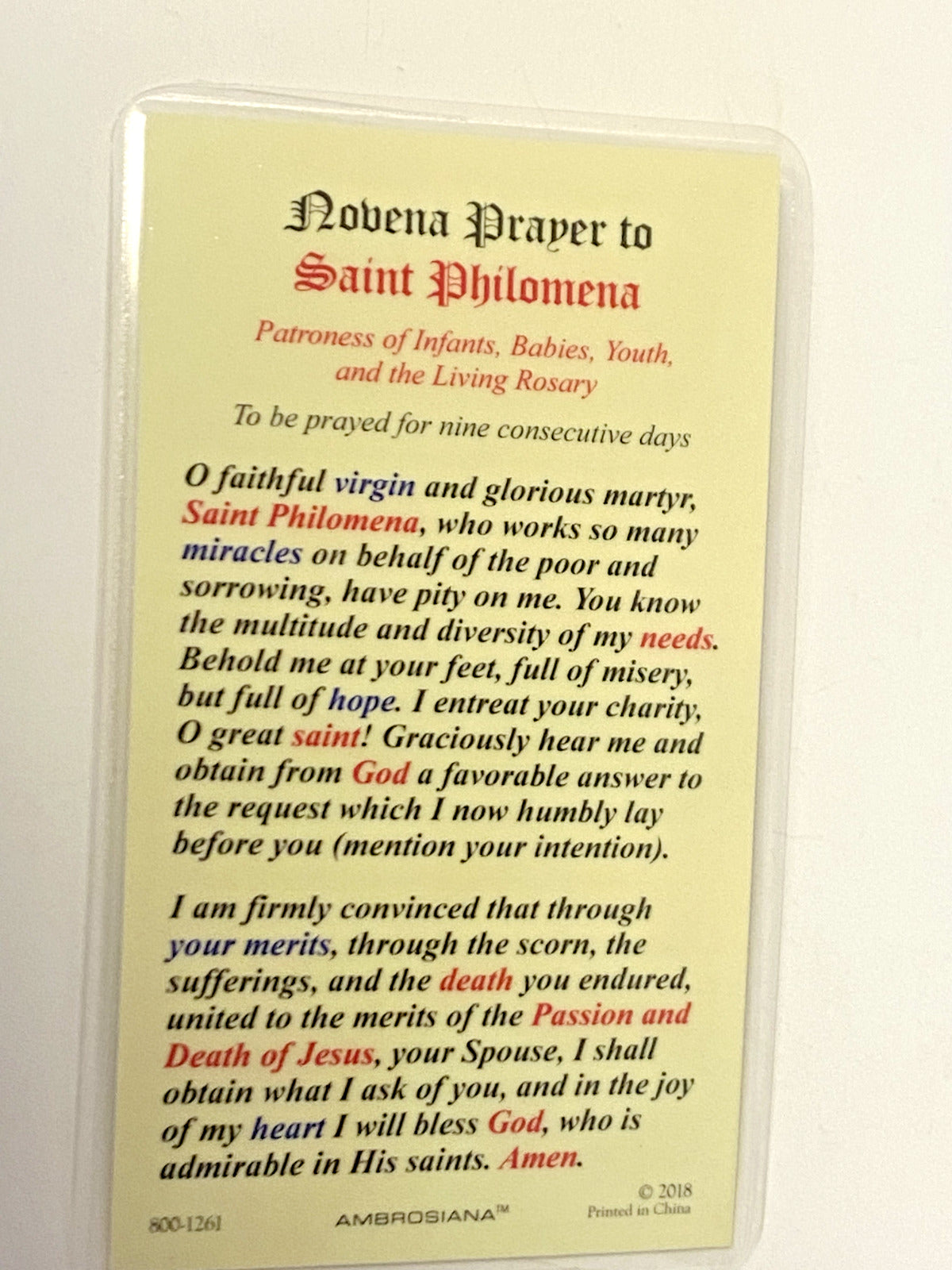 Saint Philomena Laminated Novena Prayer Card, New