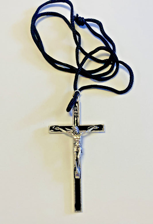 Black Enamel 3.5" Crucifix Black Corded Necklace, New #MD-038 - Bob and Penny Lord