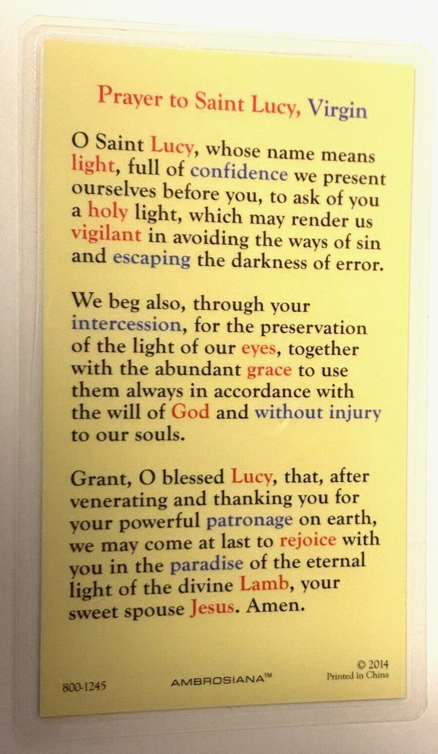 Saint Lucy Laminated Prayer Card, New