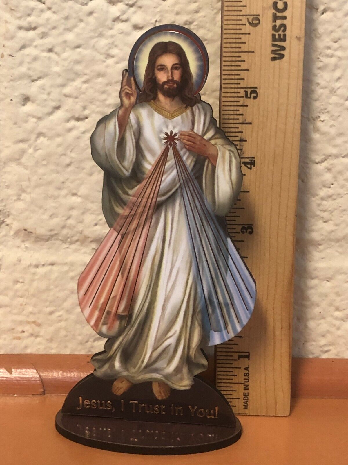 Divine Mercy  6" Laser Image on Thin Wood Statue, New #89 Free Shipping