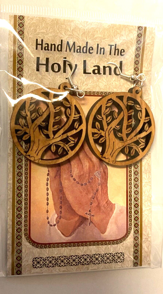 Olive Wood Tree Round  2" Hanging Earrings, New From the Holy Land - Bob and Penny Lord