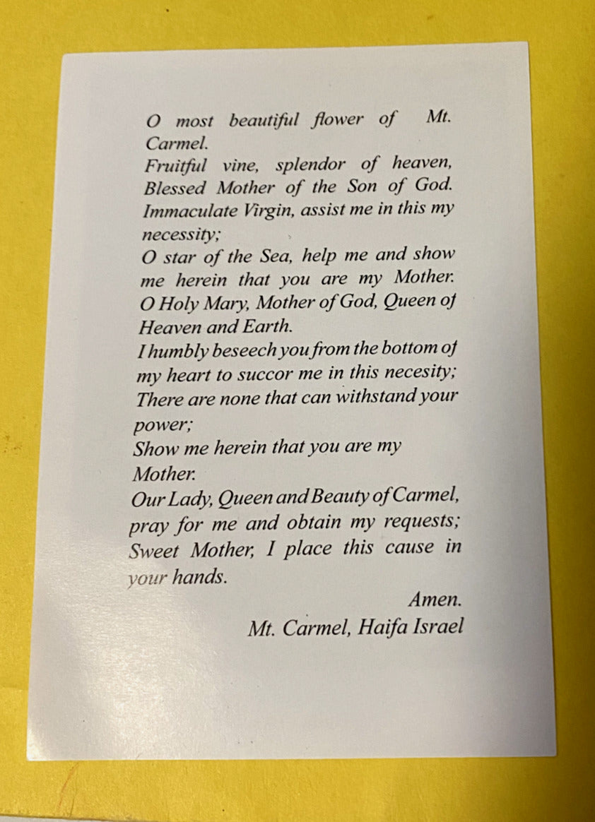 Our Lady of Mount Carmel Prayer Card, New From Holy Land