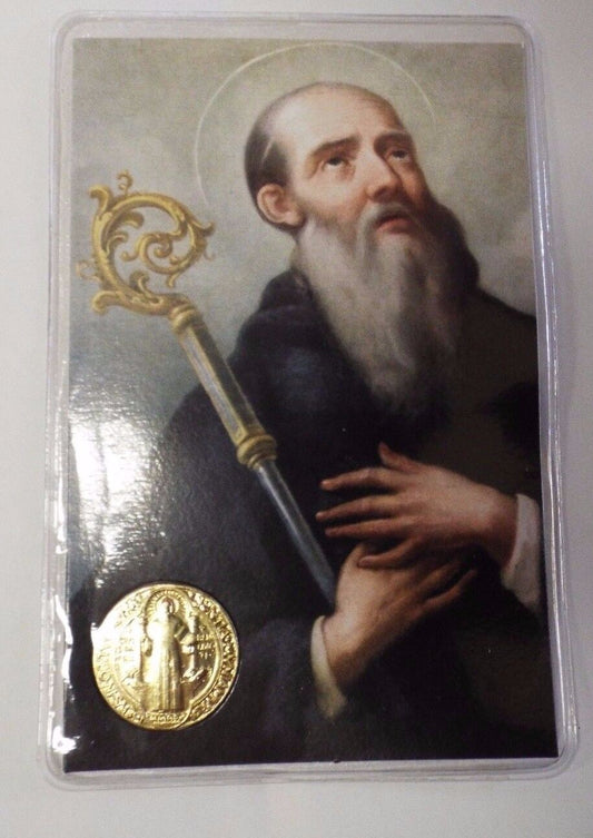 Saint Benedict Laminated Prayer Card with Gold Medal,Image 2, From Italy, New - Bob and Penny Lord