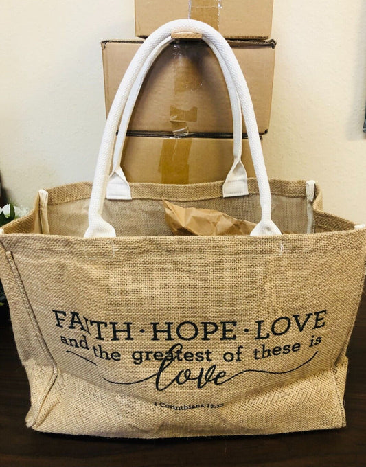 Jute Large Tote, "Faith-Hope-Love", 16.5"x12.5", New - Bob and Penny Lord