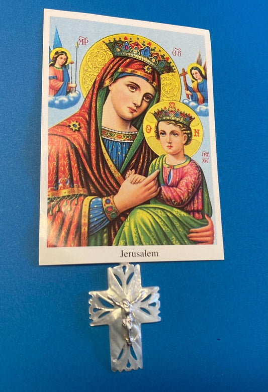 Our Lady of Perpetual Help Image + Mother of Pearl Crucifix Pendant, New - Bob and Penny Lord